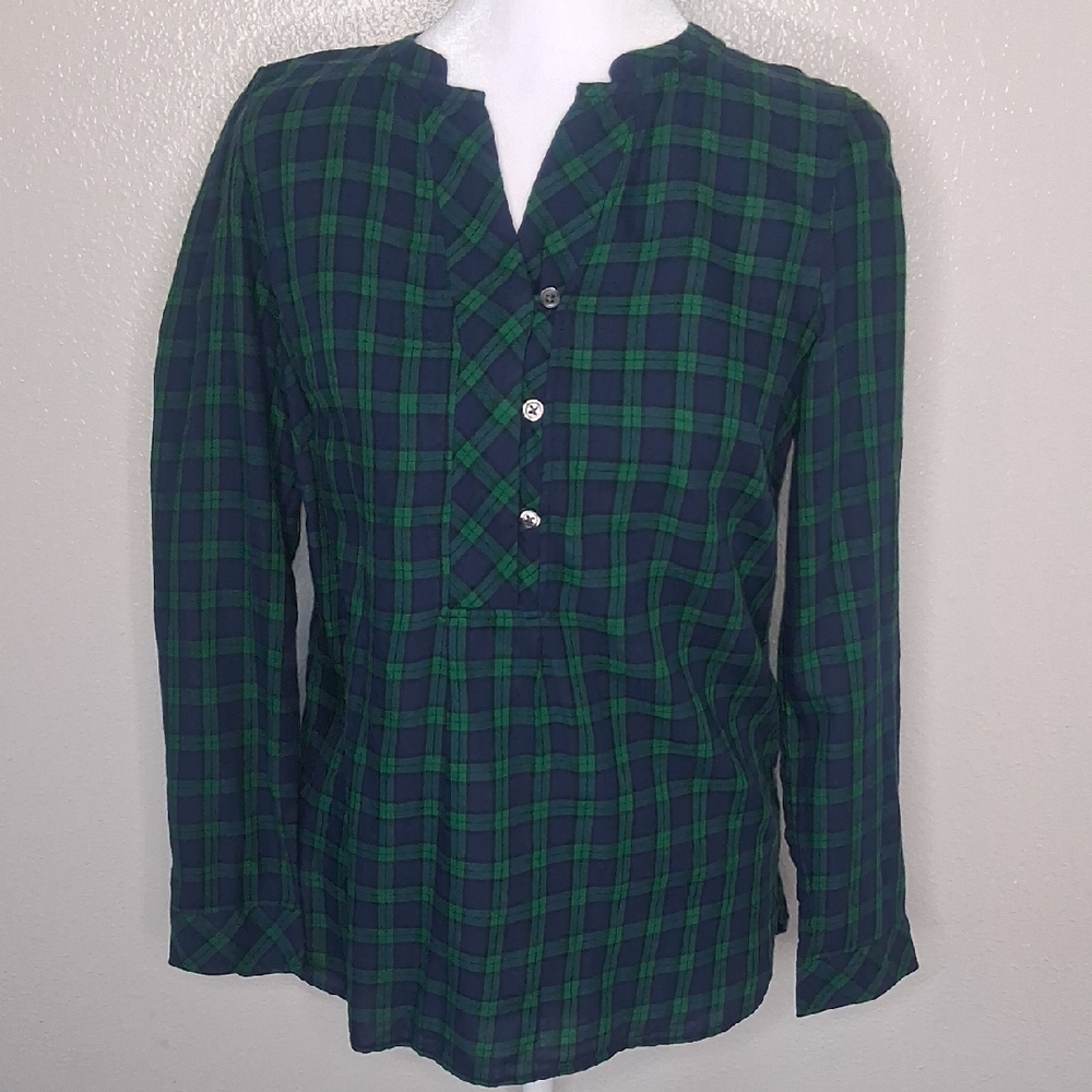 Talbots Women's Shirt Green Blue Plaid Popover Tunic Long Slv Henley PP (0-2) - Picture 2 of 16